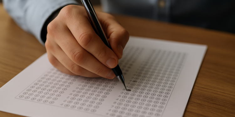 Pessoa preenchendo gabarito de múltipla escolha usando caneta, exame 2026