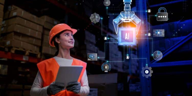 Profissional utilizando inteligência artificial para otimizar processos na indústria, com foco em automação e dados.