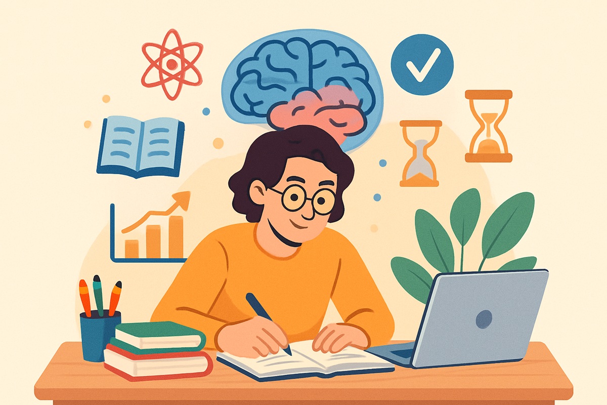 Estudo e produtividade em ambiente digital Pessoa estudando em uma mesa com notebook e livros