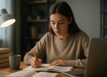 Jovem estudando em uma mesa com livros, caderno e laptop