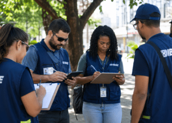 Equipe do IBGE com pranchetas e tablet durante atividade de campo em área urbana.