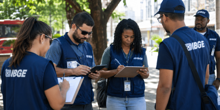 Equipe do IBGE com pranchetas e tablet durante atividade de campo em área urbana.