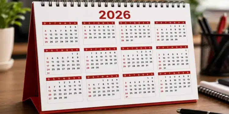 Calendário de mesa de 2026 ilustrando o planejamento de feriados, folgas e pontos facultativos do segundo semestre.
