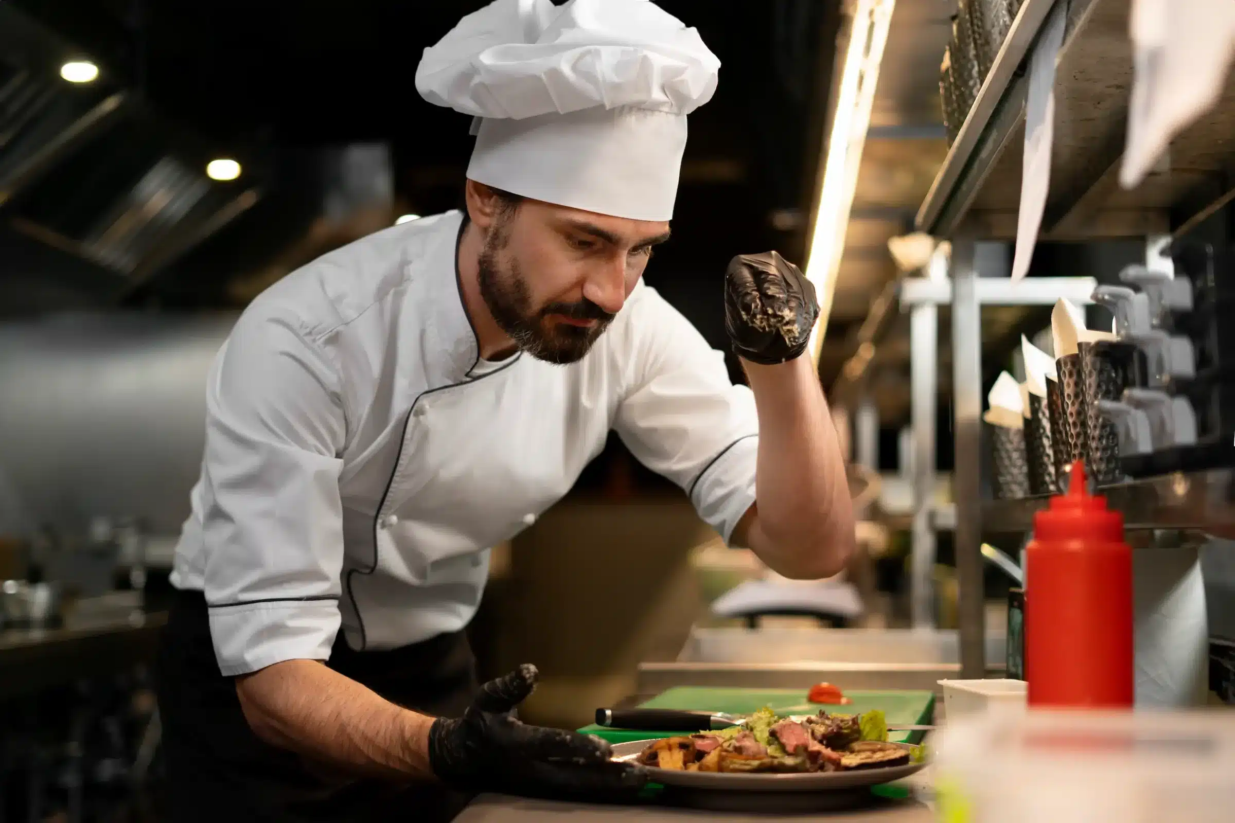 Profissional de Gastronomia Chef preparando um prato com atenção aos detalhes, ilustrando o dia a dia do profissional de Gastronomia.