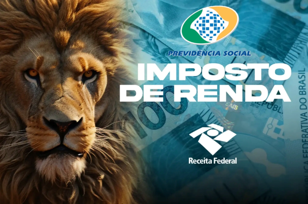 Isenção do Imposto de Renda no 13º do INSS em 2026 Leão do Imposto de Renda com cédulas de dinheiro representando a isenção do Imposto de Renda para aposentados e pensionistas do INSS em 2026