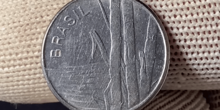 Close detalhado do reverso de uma moeda de 1 Cruzeiro, mostrando o desenho da cana-de-açúcar e a palavra "BRASIL" em relevo, sendo segurada por dedos com luvas de proteção.