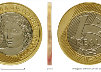 Close-up de uma moeda de 1 Real de 2024 em estado Flor de Cunho, exibindo brilho metálico original e detalhes nítidos do bordo serrilhado intermitente.