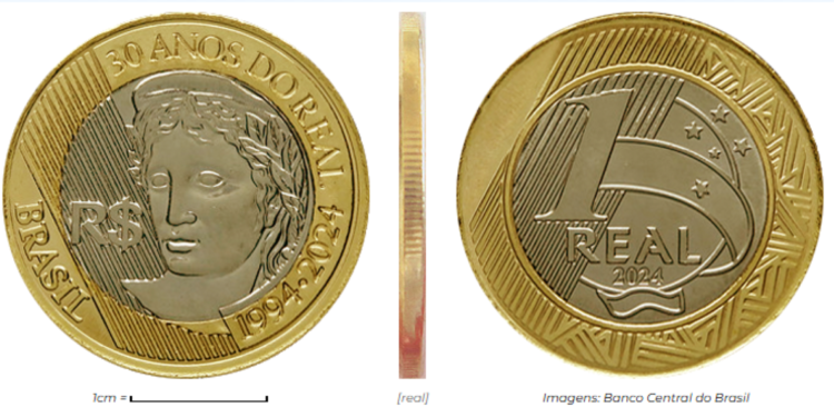 Close-up de uma moeda de 1 Real de 2024 em estado Flor de Cunho, exibindo brilho metálico original e detalhes nítidos do bordo serrilhado intermitente.