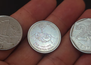 Três moedas brasileiras raras estendidas sobre a palma de uma mão: uma de 1 Real de 1994, uma comemorativa da FAO com o desenho de mãos segurando uma planta e uma de 25 centavos de 1995.