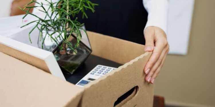 Pessoa com uma caixa de mudanças, simbolizando a transição de carreira e a busca por novas oportunidades de emprego em 2026.