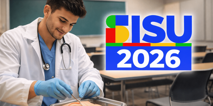 Estudante de medicina praticando com simulador em sala, ao lado do logo SISU 2026