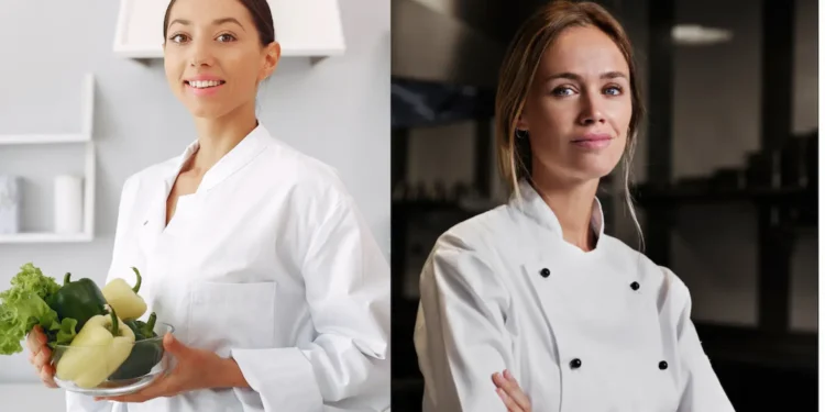 Nutricionista com ingredientes frescos na cozinha, representando a Nutrição e Chef profissional, representando a Gastronomia.