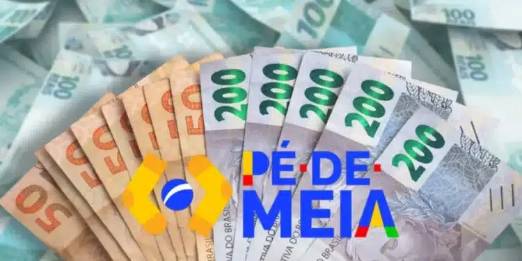 Cédulas de R$ 50, R$ 100 e R$ 200 reais ao fundo, com destaque para o logo do Pé-de-Meia e o texto 'Pé-de-Meia' sobreposto em cores vibrantes, referindo-se ao pagamento da bolsa no valor de R$ 1.050 em 2026.
