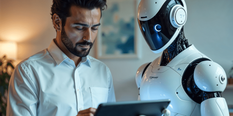 Homem e robô humanoide interagem juntos analisando tablet, colaboração em tecnologia