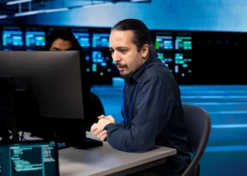 Profissional de TI monitorando sistemas em um ambiente de data center, representando o crescimento das vagas e aumento salarial no setor tecnológico.