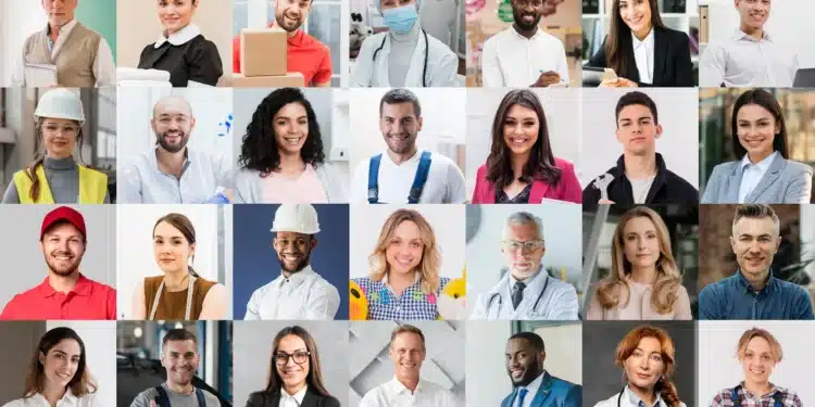 Profissionais de diversas áreas, representando as profissões em alta para 2026, incluindo médicos, engenheiros, designers e outros.