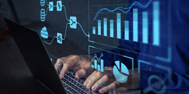 Painel digital com gráficos e indicadores sendo analisados por profissional no setor público.