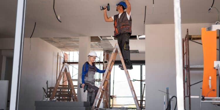 Trabalhadores instalam forro de gesso durante reforma residencial