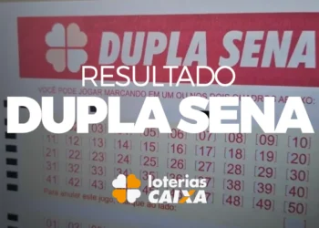 Cartela de aposta da Dupla Sena com resultado destacado e logo da Loterias Caixa
