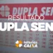 Cartela de aposta da Dupla Sena com resultado destacado e logo da Loterias Caixa
