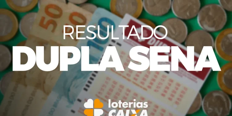 Bilhete da Dupla Sena sobre cédulas e moedas brasileiras destacando o resultado da loteria