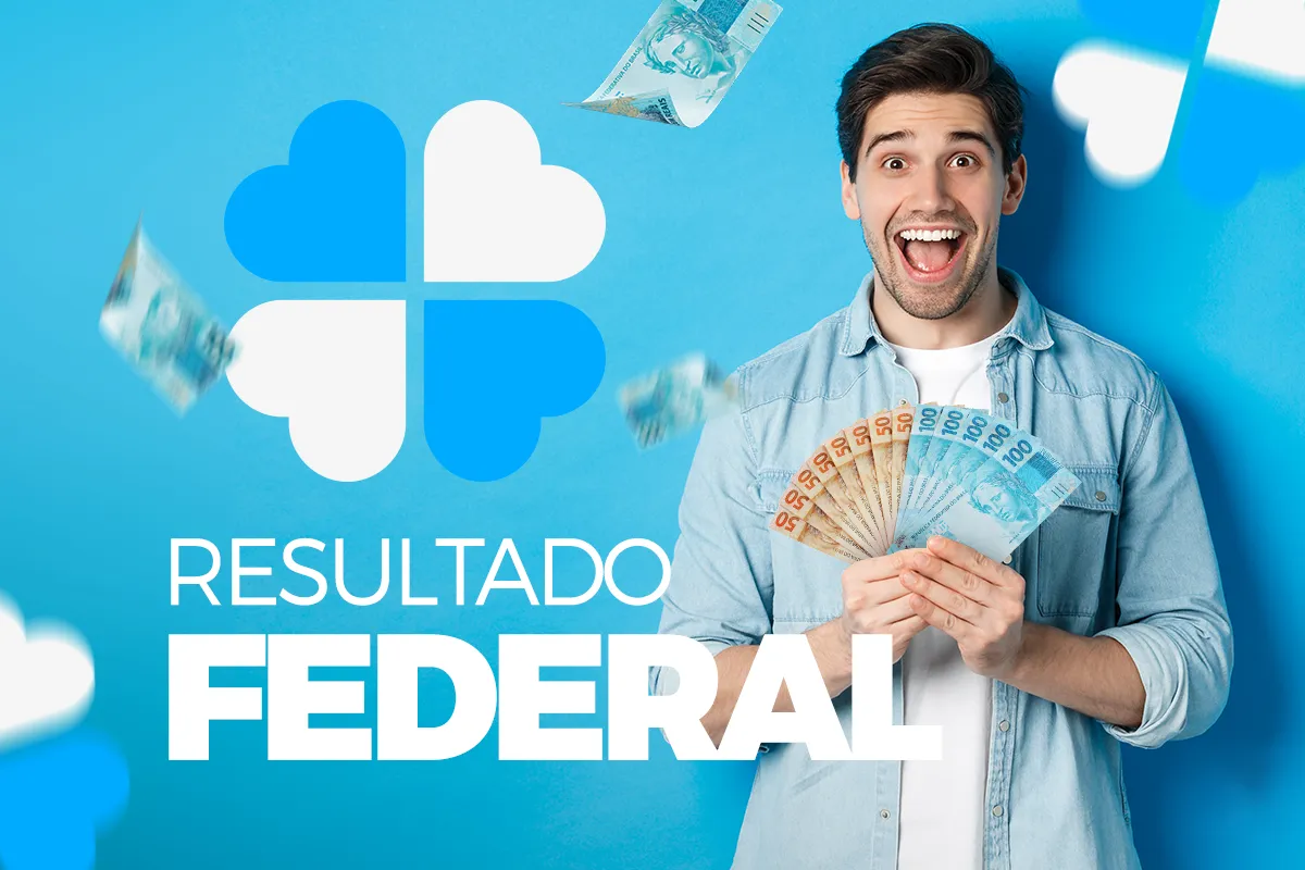 Resultado da Loteria Federal 2025 Homem feliz exibe cédulas de dinheiro com destaque para o resultado da Loteria Federal.