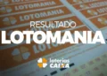 Volantes da Lotomania e logo da Loterias Caixa, resultado em destaque