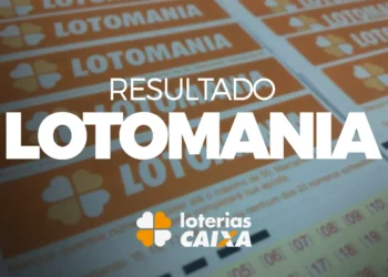 Volantes da Lotomania e logo da Loterias Caixa, resultado em destaque