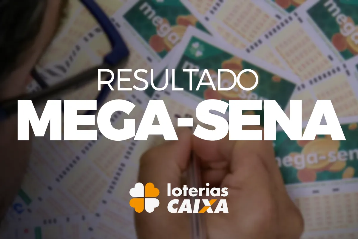 Resultado da Mega-Sena ilustrado com bilhetes e marca da Caixa Econômica Federal Pessoa preenchendo volante da Mega-Sena com destaque para o texto 'Resultado Mega-Sena' das Loterias Caixa