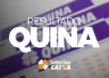Cartela da Quina das Loterias Caixa com destaque para o texto resultado Quina em branco sobre fundo roxo