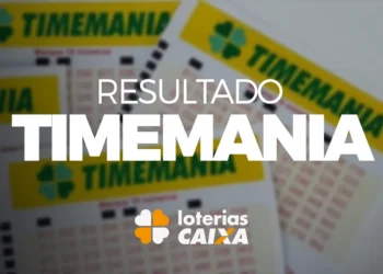 Resultado Timemania 2026, volantes Timemania e logo Loterias Caixa ao fundo
