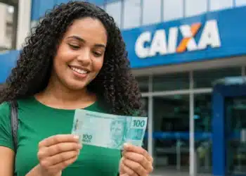 Mulher segura uma nota de R$ 100 em frente a uma agência da Caixa, representando o ressarcimento do PIS/Pasep.