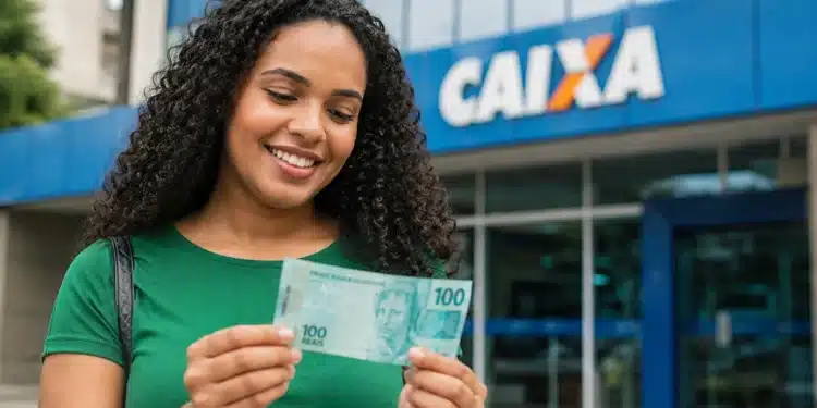 Mulher segura uma nota de R$ 100 em frente a uma agência da Caixa, representando o ressarcimento do PIS/Pasep.