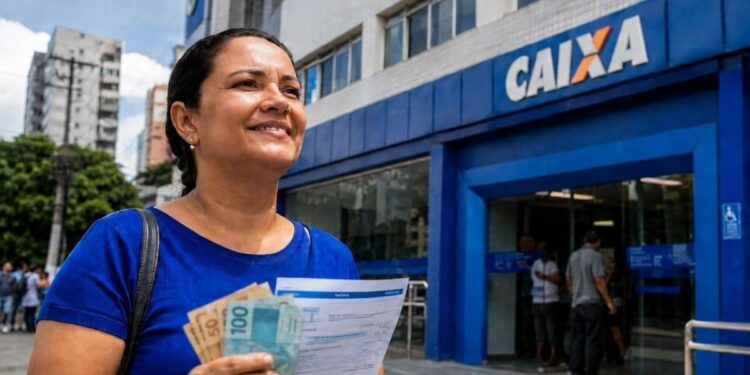 Mulher segura dinheiro e documento em frente a uma agência da Caixa, em referência ao saque de mais de R$ 6 mil do FGTS.