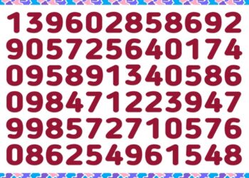 Teste de QI com vários números grandes destacados em vermelho-escuro sobre fundo branco e moldura colorida