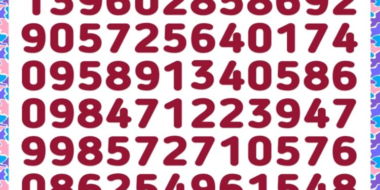 Teste de QI com vários números grandes destacados em vermelho-escuro sobre fundo branco e moldura colorida