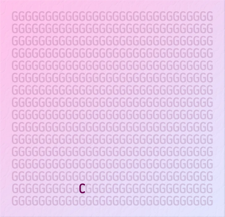 Encontre o caractere diferente entre as letras G Teste visual com várias letras G roxas repetidas em um fundo rosa