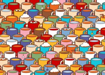 Teste visual com múltiplas canecas coloridas com diferentes bebidas, canudos e coberturas