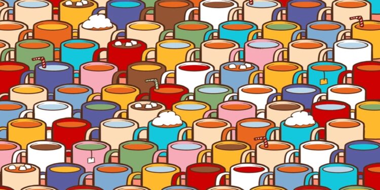 Teste visual com múltiplas canecas coloridas com diferentes bebidas, canudos e coberturas