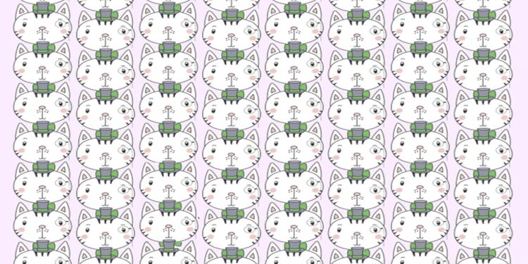 Teste visual com desenho de vários gatos brancos com chapéu e gravata, com uma coruja diferente entre eles