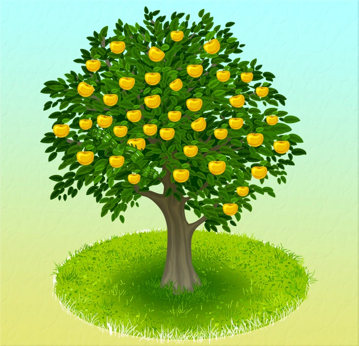 Ache a lagarta camuflada na árvore cheia de maçãs douradas. Teste visual com uma ilustração de uma árvore frutífera cheia de maçãs douradas