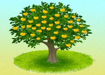 Teste visual com uma ilustração de uma árvore frutífera cheia de maçãs douradas