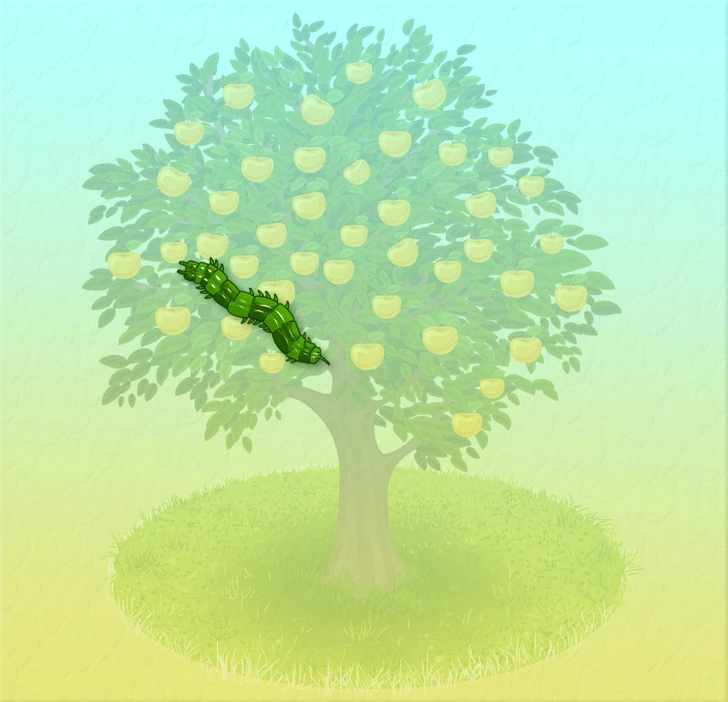 Encontre a lagarta oculta nesta árvore frutífera ilustrada com maçãs douradas. Teste visual com uma ilustração de uma árvore frutífera cheia de maçãs douradas