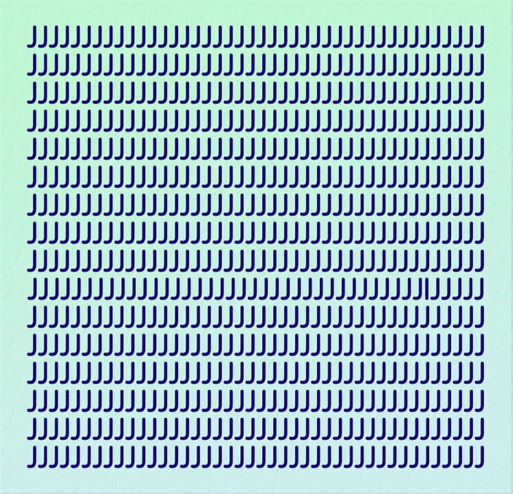 Será que você consegue encontrar a letra diferente entre tantos Js? Teste visual com várias letras J maiúsculas azuis em linhas organizadas sobre fundo azul