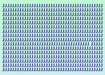 Teste visual com várias letras J maiúsculas azuis em linhas organizadas sobre fundo azul