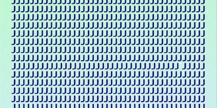 Teste visual com várias letras J maiúsculas azuis em linhas organizadas sobre fundo azul