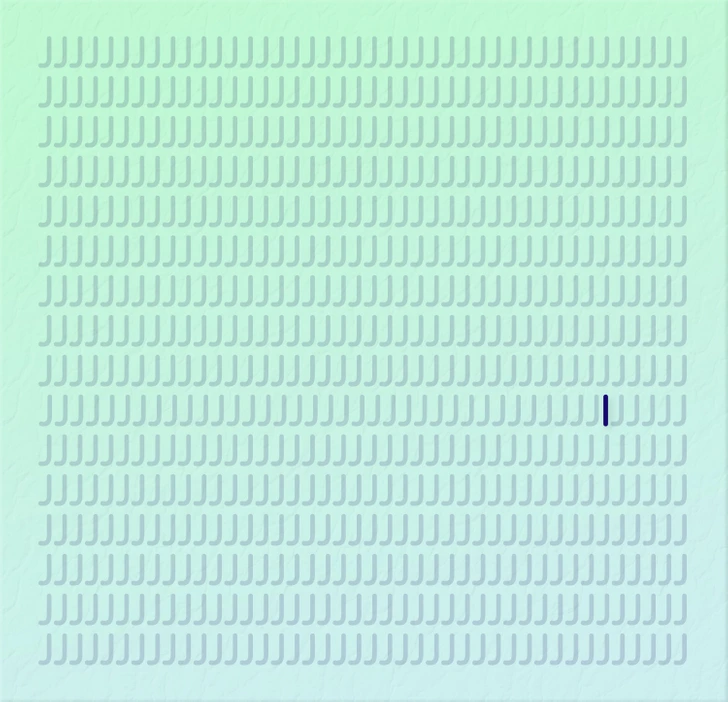 Desafio Visual: Encontre a Letra Diferente na Imagem Teste visual com várias letras J maiúsculas azuis em linhas organizadas sobre fundo azul