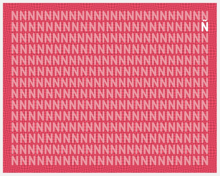 Desafio visual para encontrar a letra diferente entre N's Teste visual com várias letras N em branco sobre fundo rosa mostrando um desafio visual para encontrar a letra diferente