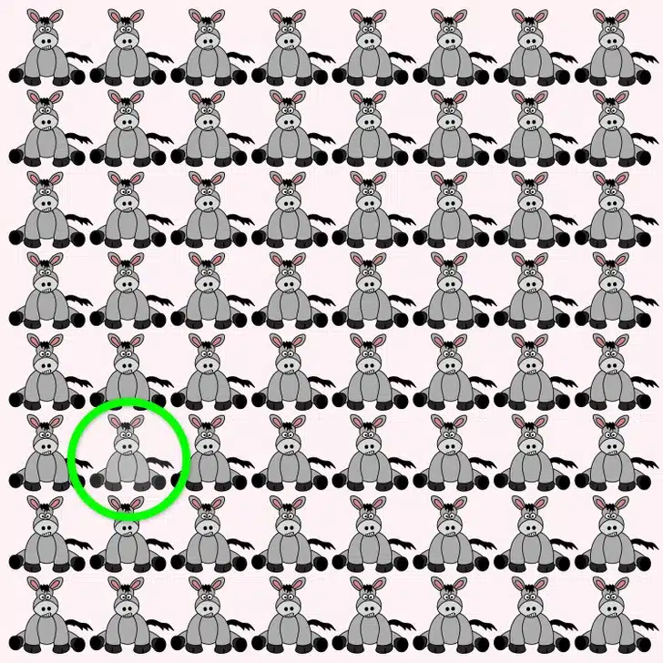 Jogo de atenção visual com burros para encontrar o único fora do padrão Teste visual com uma imagem de vários burros cinzas, todos os iguais, exceto um.