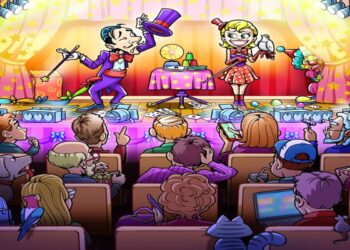 Teste visual com mágicos no palco segurando a varinhas, chapéu, pomba e adereços de mágica, enquanto público assiste atento